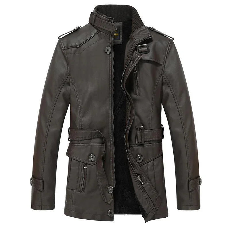 Snygg casual bikerjacka för män med hög krage & robust design. Syntetläder, flera fickor, idealisk höst/vinterjacka.