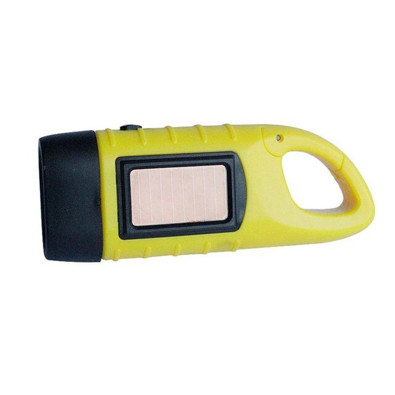 Robust LED-ficklampa med handvev och solcell, vattentät för nödsituationer, camping och utomhusbruk.