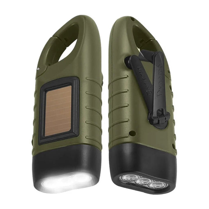 Vattentät LED-ficklampa med inbyggd handvev och solpanel, idealisk för nödfall och camping.