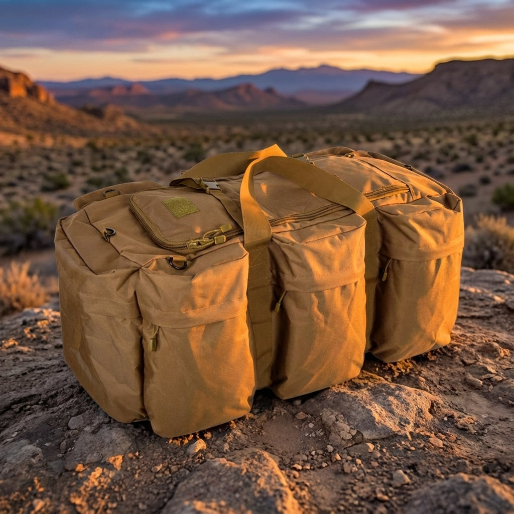 Robust TacticCarry rese- & campingduffel i svart. Hållbar vattenavvisande väska för äventyr och outdoor-utrustning.