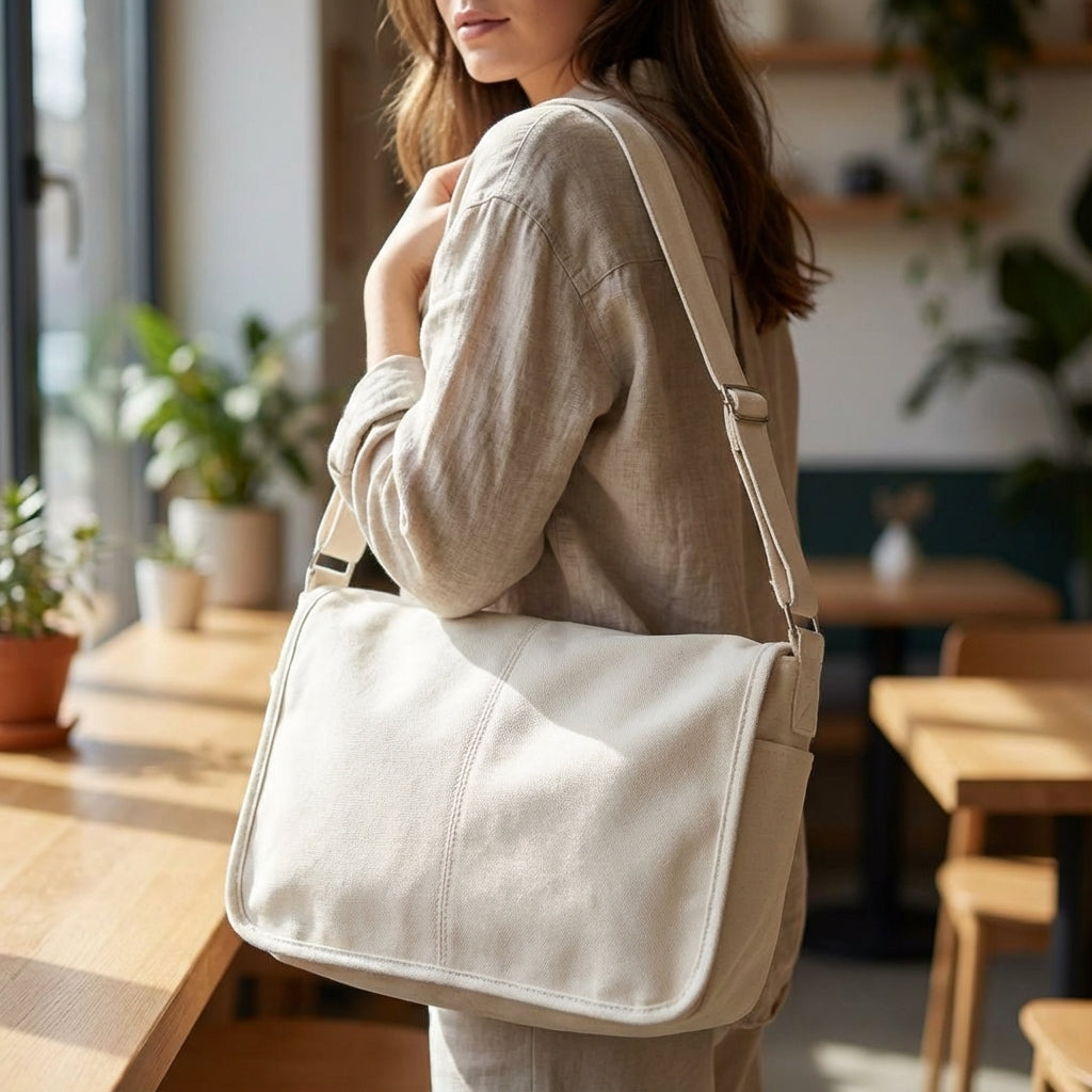 Robust unisex canvas axelväska, perfekt för daglig användning och pendling.