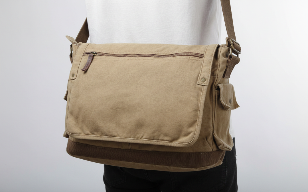 Stilren laptopväska i canvas, unisex. Funktionell arbetsväska med plats för dokument och tillbehör.