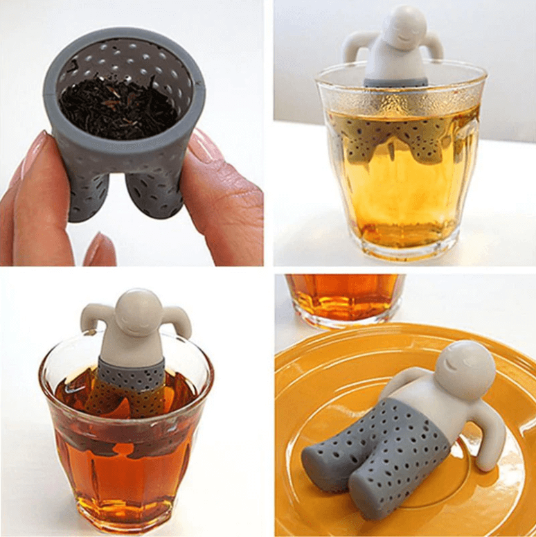 Glad gubbe teinfuser i röd silikon, ett charmigt kökstillbehör och presenttips.