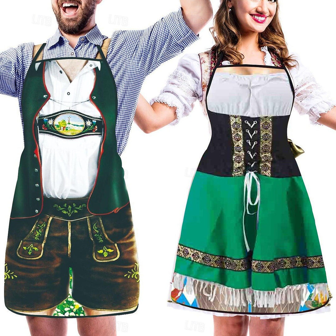 Roligt unisexförkläde för Oktoberfest, med 3D-motiv av en dirndl, perfekt för par