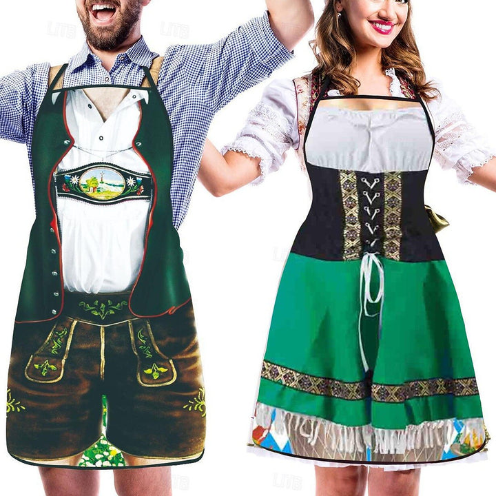 Roligt unisexförkläde för Oktoberfest, med 3D-motiv av en dirndl, perfekt för par