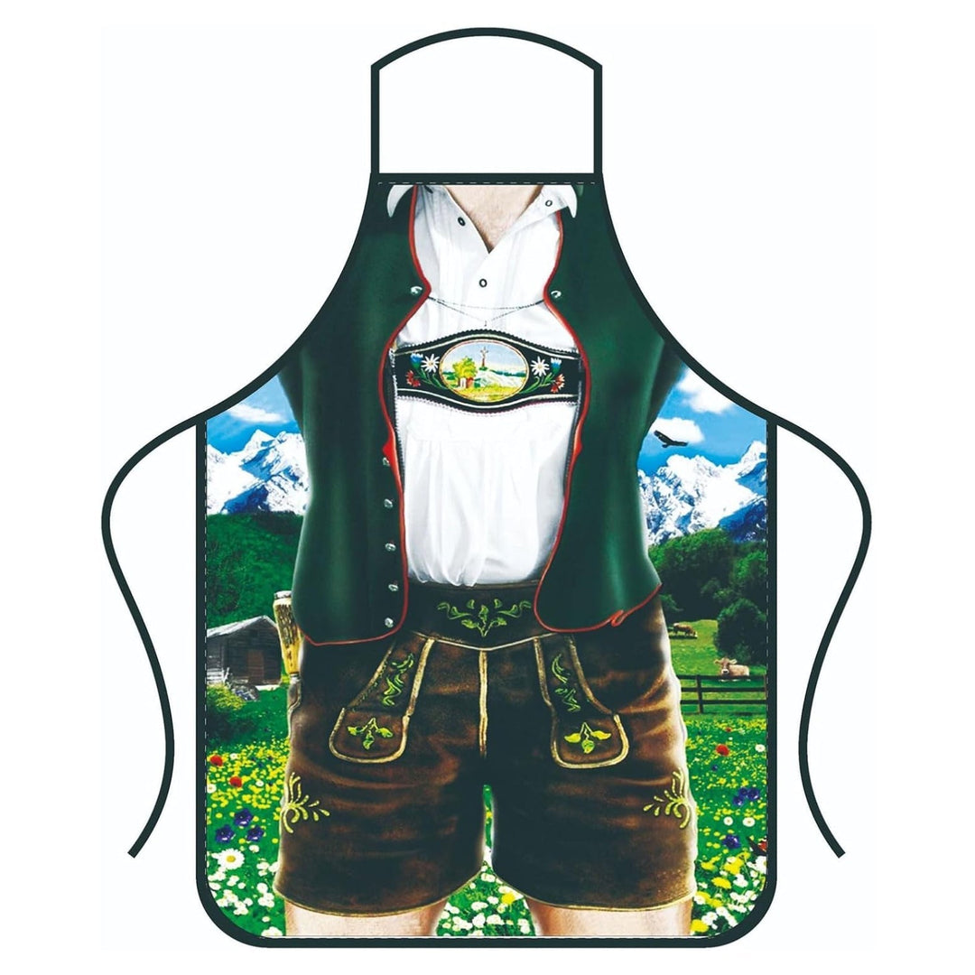Festtillbehör för par: Oktoberfestförkläde med 3D-lederhosen-tryck, roligt och unikt