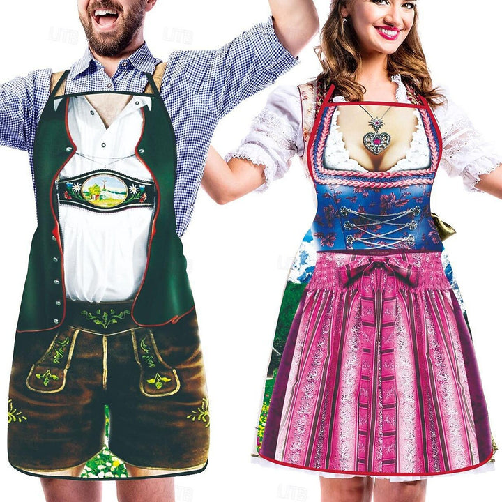 Roliga unisexförkläden med 3D-motiv av dirndl och lederhosen, utmärkta för Oktoberfest