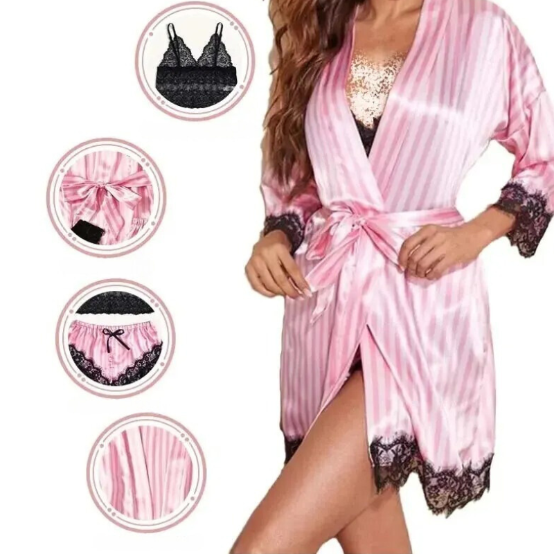 Bekväma 4-delade sovkläder för kvinnor i rosa satin-stil. Innehåller linne, byxor, shorts och en morgonrock.