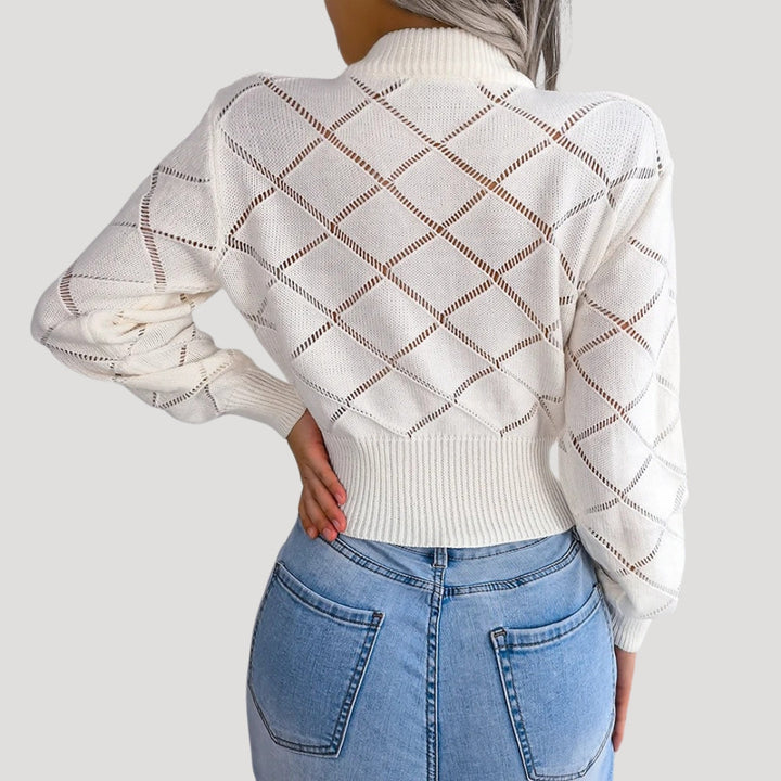 Croppad damtröja i stickat material med hög hals. Mångsidig pullover för kvinnor, utmärkt för lager på lager.
