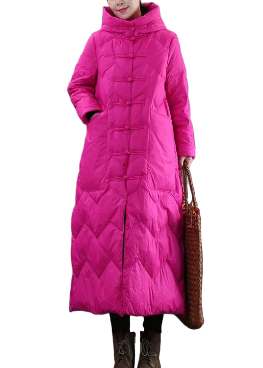 Rosa dam vinterkappa med huva & kinesisk knapp. Varm, bekväm lös passform för vinter och vardagsstil.