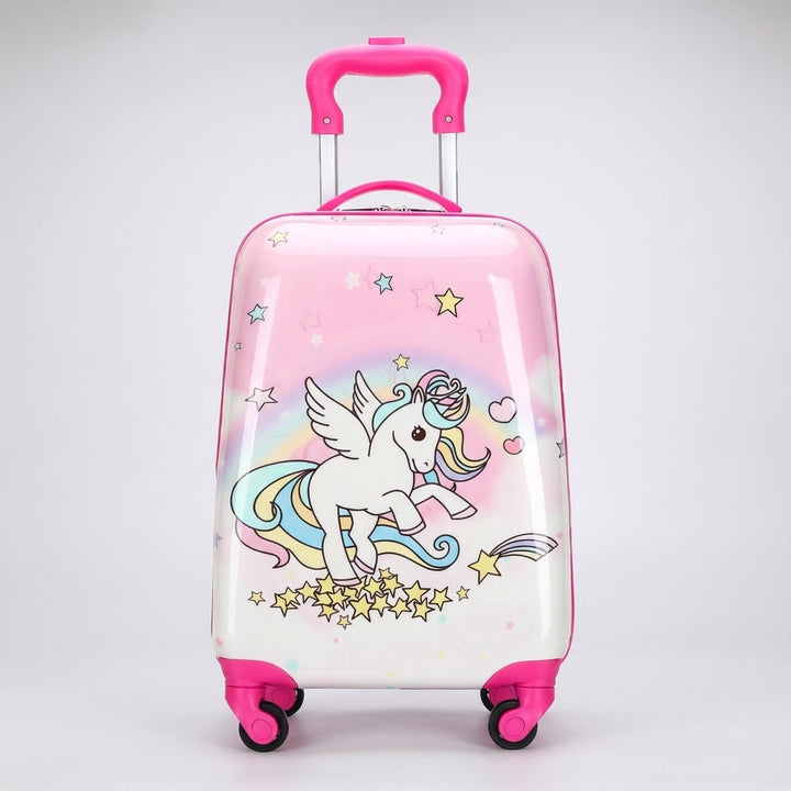 Hård rosa barnresväska med enhörning och smidiga hjul. Slitstarkt barnbagage för trygga semesterresor.