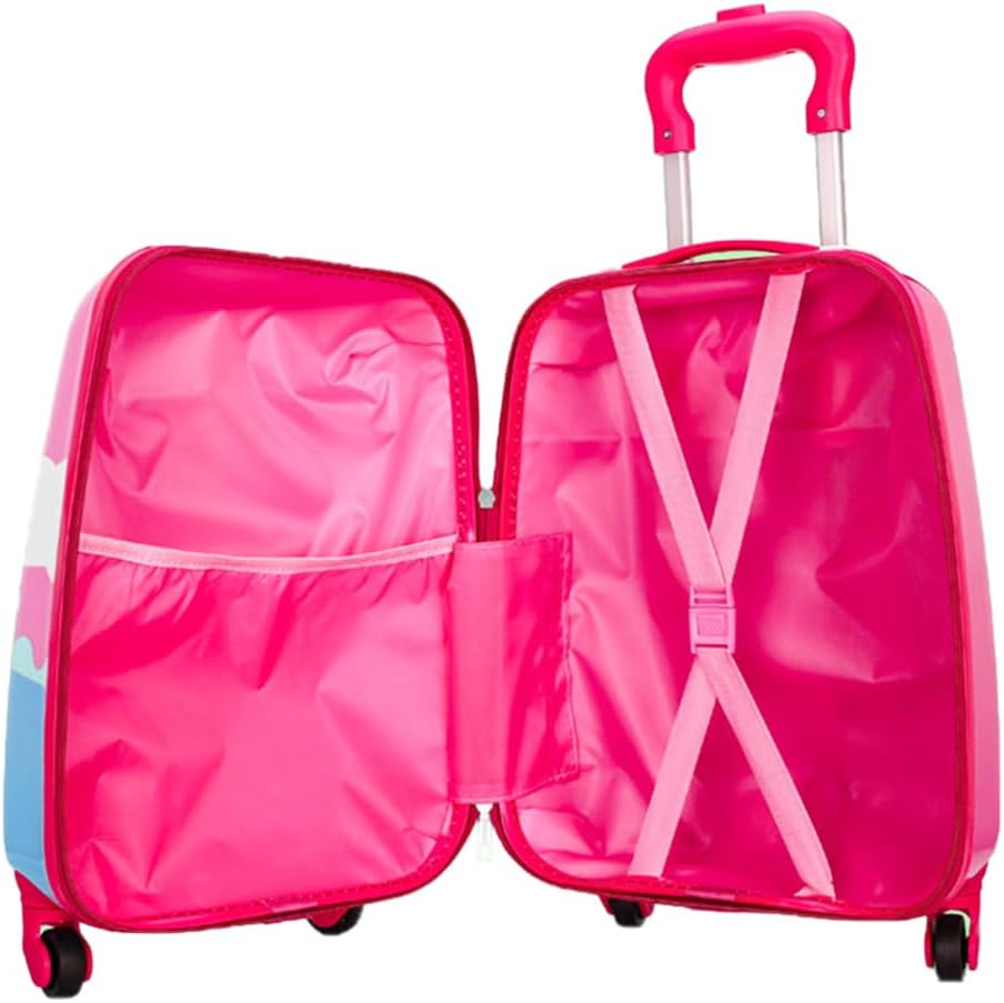 Stilren rosa barnresväska med enhörningsdesign och lättrullande hjul. Hårt barnbagage för resa.