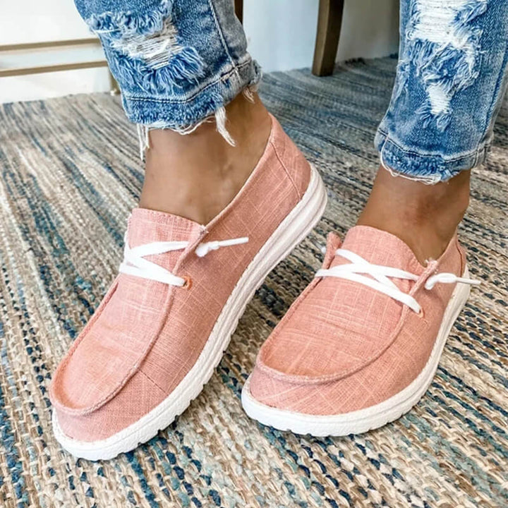 Bekväma slip-on canvas loafers för dam, rosa rutiga med snörning, sidovy