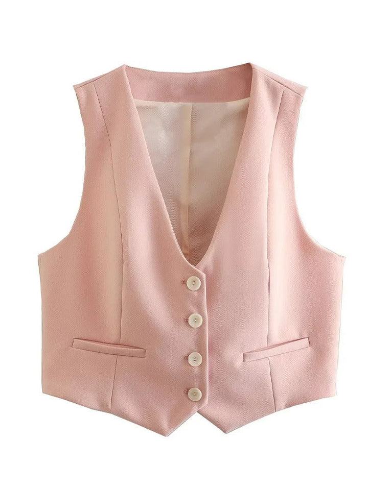 Chic rosa linneset för dam: V-ringat linne & raka byxor. Perfekt för jobb & fest.
