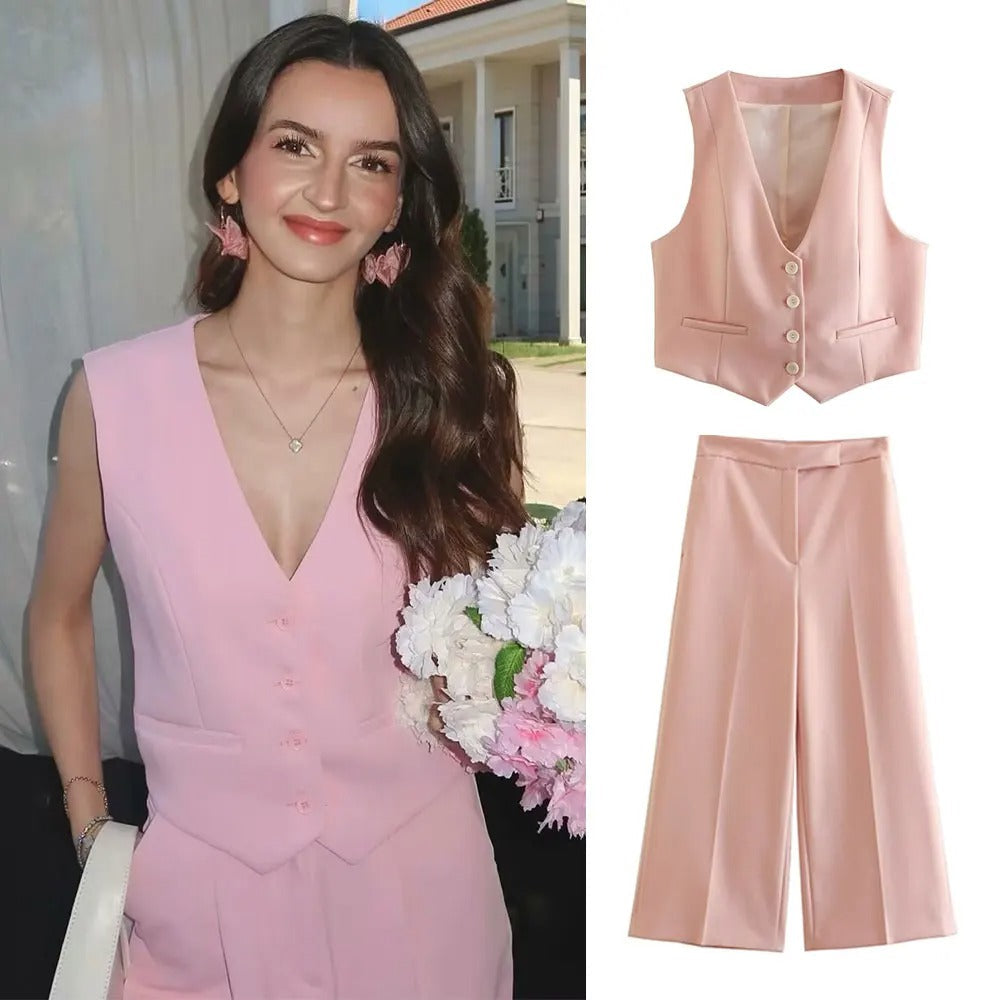 Elegant V-ringat linne & matchande raka byxor i rosa set för dam, vårkollektion.
