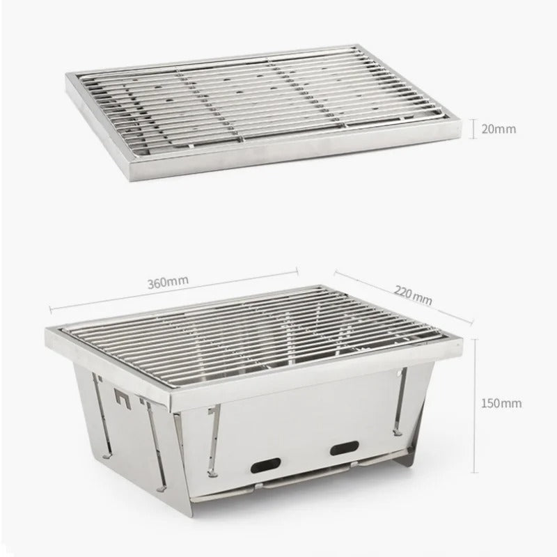 Hopfällbar rostfri kolgrill för utomhusmatlagning, perfekt för camping och sommarpicknick.