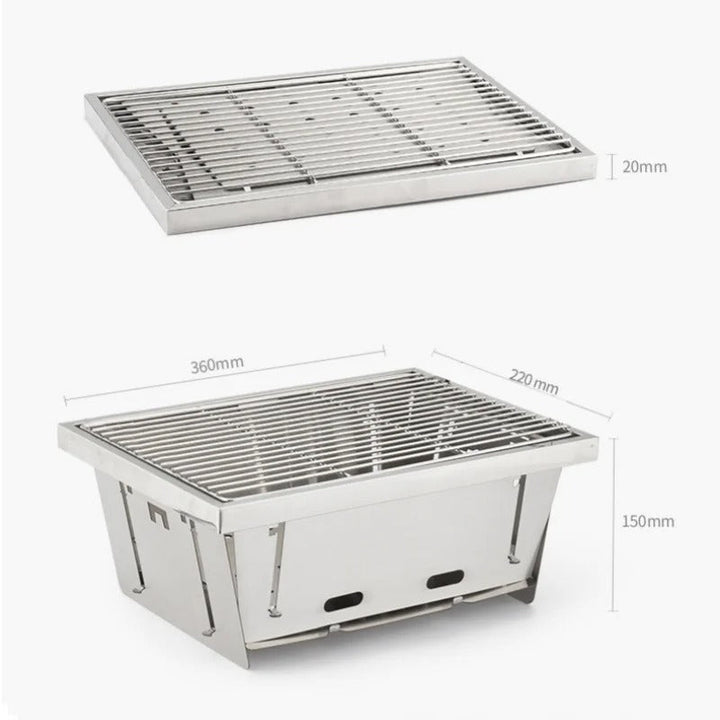 Hopfällbar rostfri kolgrill för utomhusmatlagning, perfekt för camping och sommarpicknick.