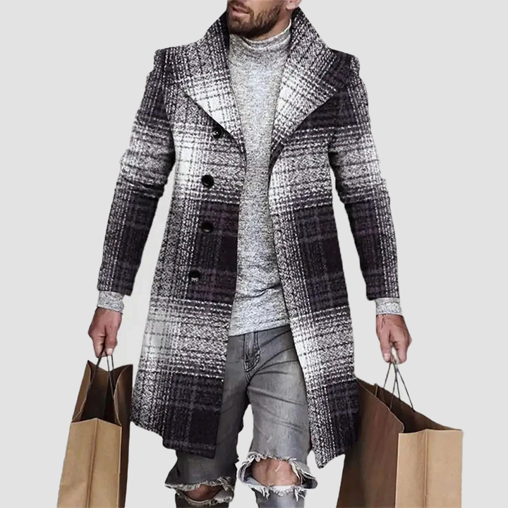 Elegant herrvinterjacka i rutig design. Lång, knälång jacka för smart casual herrmode. Maskintvättbar.