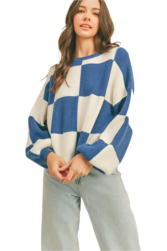 Rutig oversized damtröja, bekväm stickad pullover för hösten. Långärmad, avslappnad vardagsstil för kvinnor.