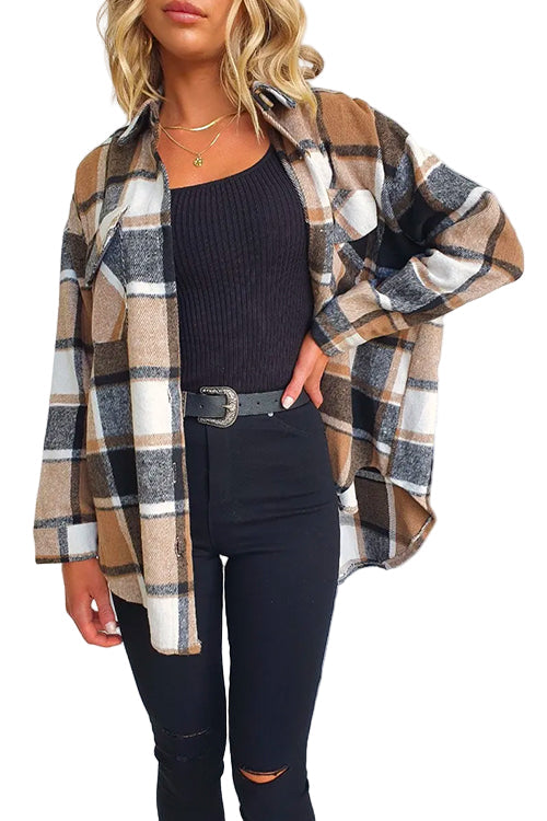Rutig shacket kappa för kvinnor, stilig och varm med praktiska fickor, perfekt för höst och vår, casual stil.