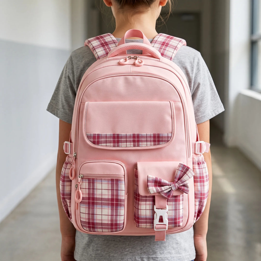 Rutig skolryggsäck för barn med bekväm design och jämn viktfördelning, ergonomisk.