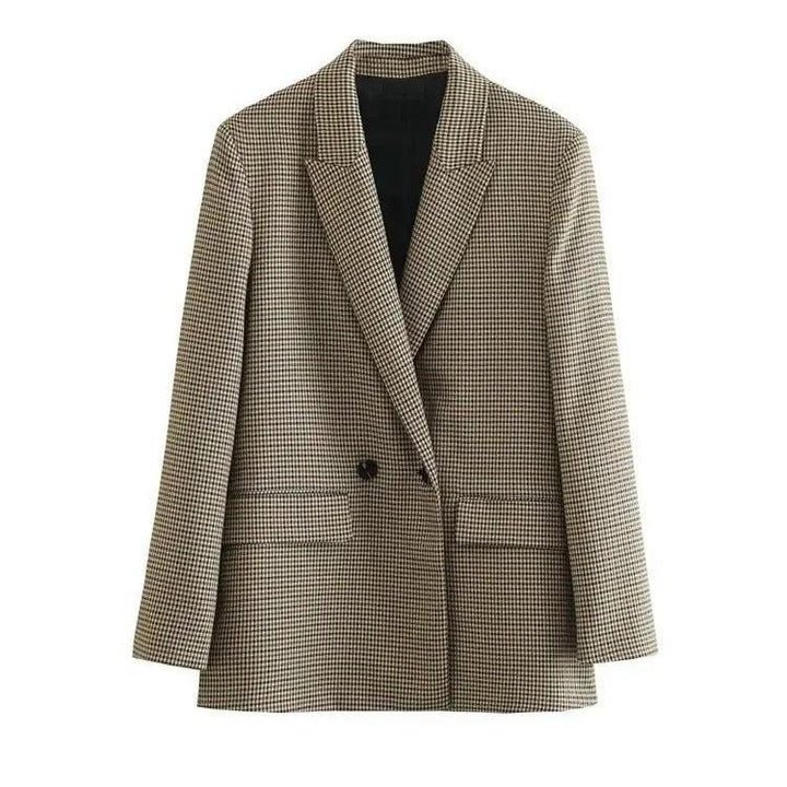 Rutig vintage damkavaj, elegant och tidlös. Dubbelknäppt blazer i klassiskt kvinnomode.