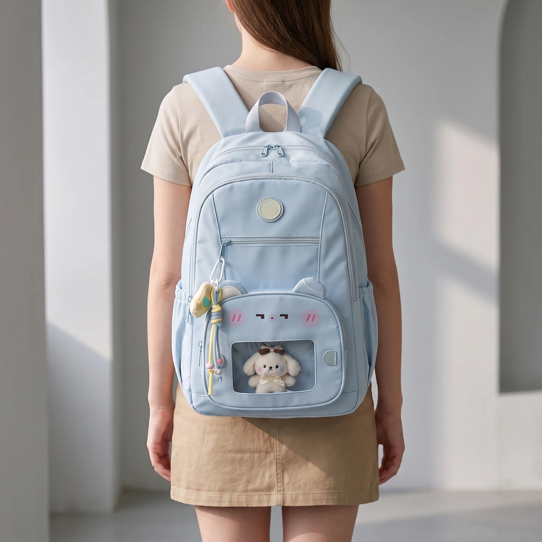 Preppy laptopryggsäck med anpassningsbart fönster, rymlig studentväska för skola och vardag, unisex.