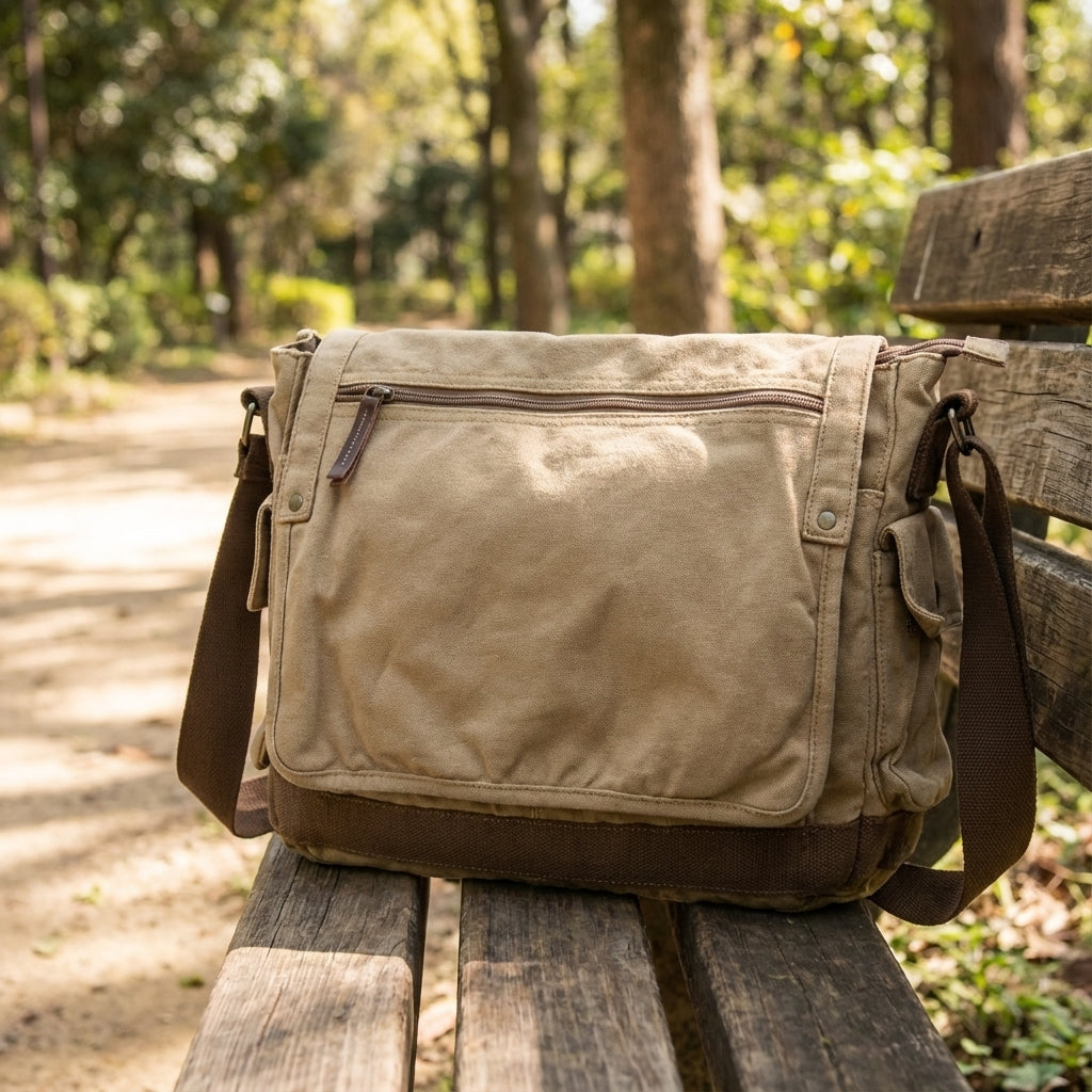 Rymlig vintage messenger-axelväska i robust canvas, unisex. Perfekt som laptop- och vardagsväska.
