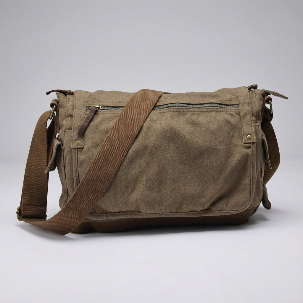 Vintage dokumentväska i robust grön canvas. Rymlig axelväska för unisex, perfekt för arbete eller studier.
