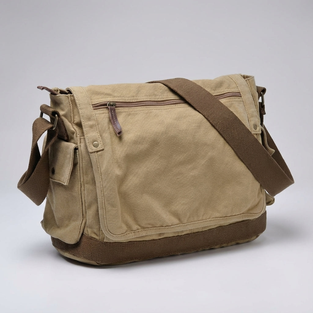 Praktisk & rymlig vintage axelväska i khaki canvas. Robust unisex messenger för vardag, laptop & dokument.