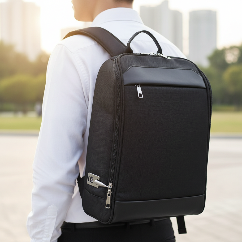 Säker tech-ryggsäck med biometriskt lås och USB-laddning. Perfekt för laptop och resor, unisex design.