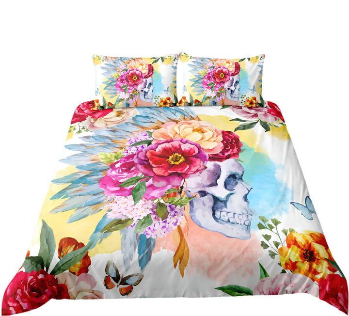 Sängset Blommig Dödskalle. Unikt påslakanset i polyester med mönster av dödskallar och blommor för sovrummet.