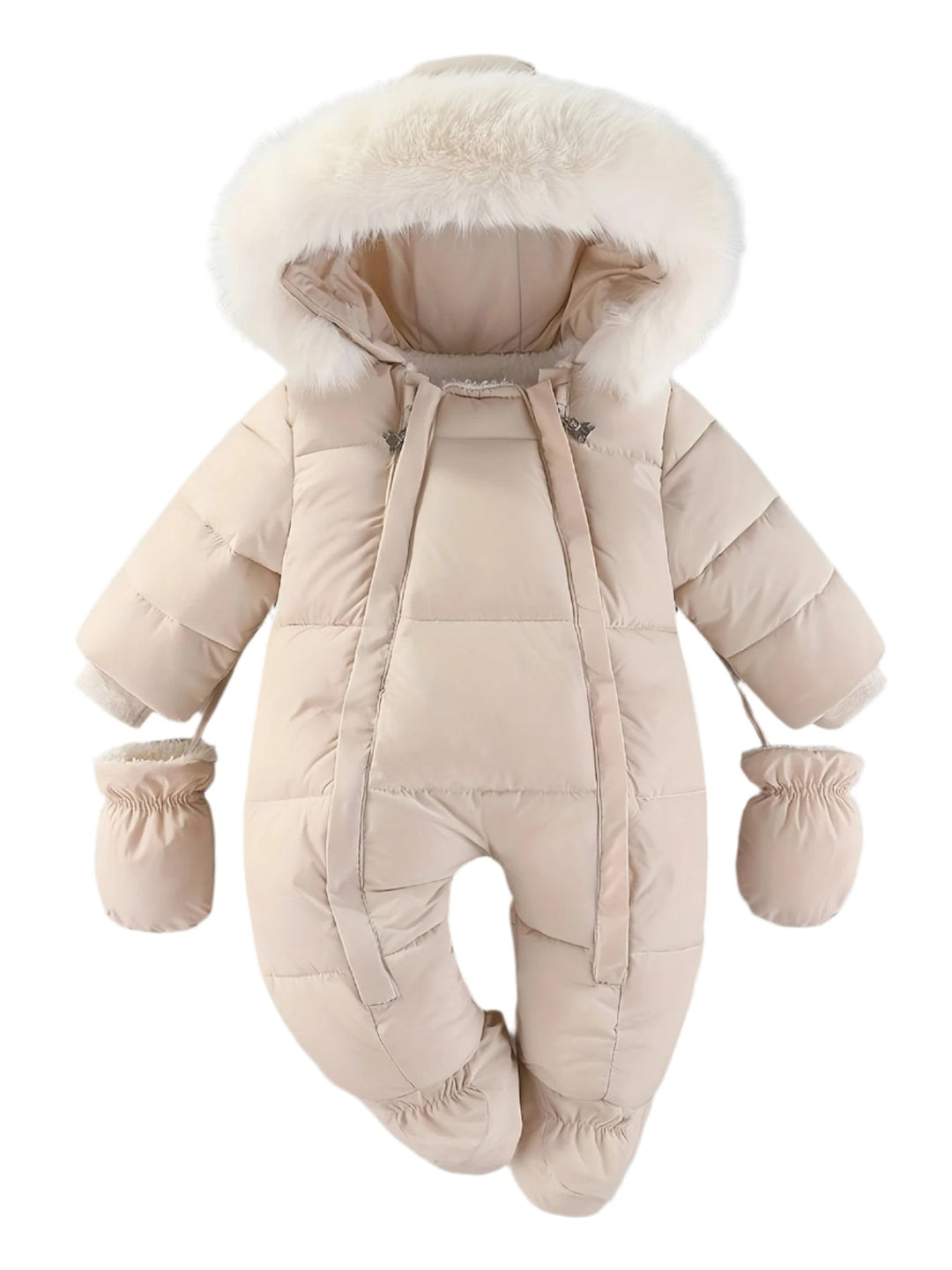Söt babyoverall vinter i fluffigt vitt med huva och handvärmare, perfekt för kalla dagar.