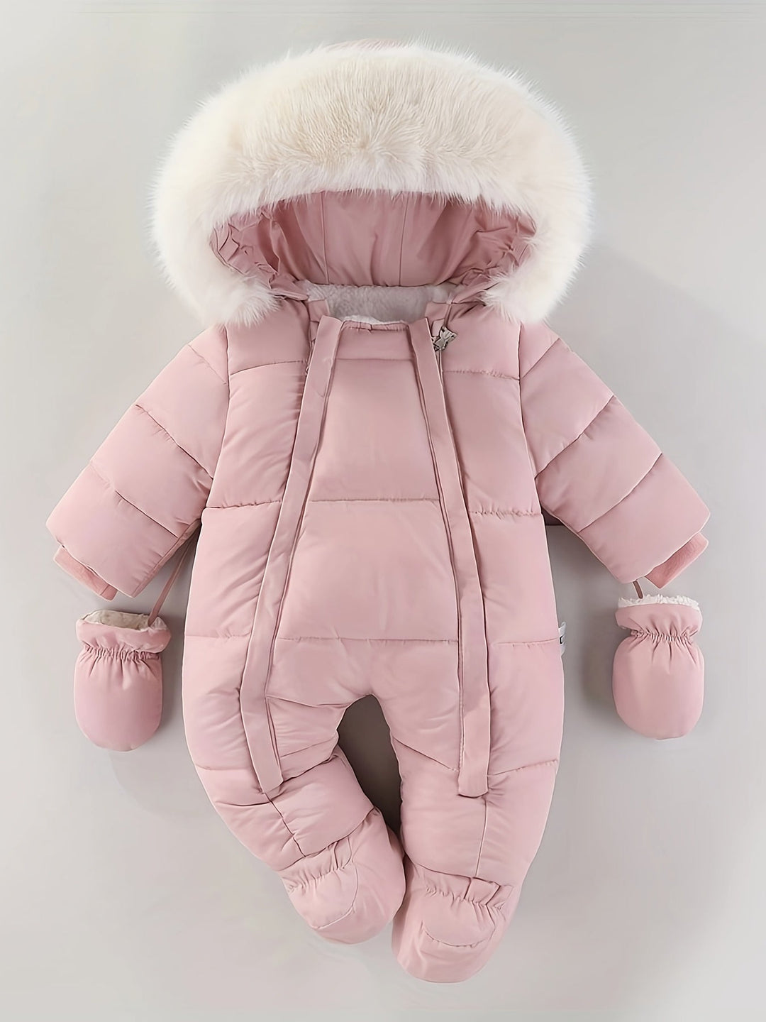 Varm och mysig babyoverall vinter med pälskantad huva och inbyggda handvärmare för spädbarn.