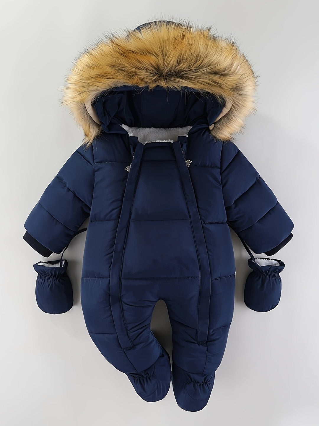 Långärmad babyoverall vinter med dragkedja, huva och handvärmare, håller babyn varm.