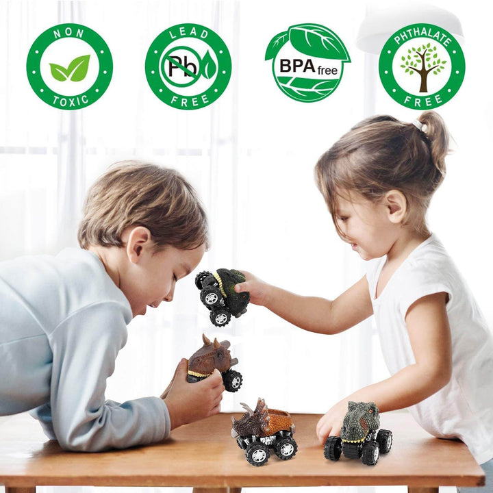 En blå Triceratops minibildragbil rullar över ett fiktivt landskap, en pedagogisk leksak för små barn.