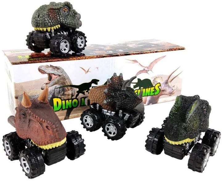 En samling dinoleksaker; sex mini dragbilar i olika färger och dinosaurieformer, idealiska för presenter.