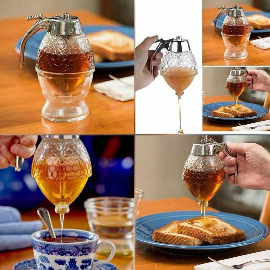 Närbild av droppfri sirapsdispenser, transparent behållare för honung eller sirap, köksredskap.