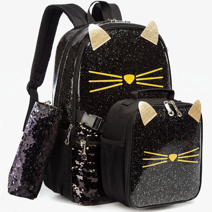 Närbild på det söta kattmotivet med glitter som pryder skolsetets ryggsäck, lunchväska och pennfodral för barn.