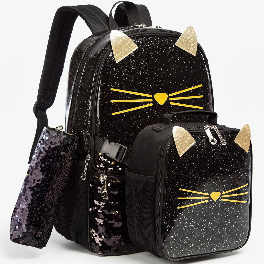 Skolväska i tåligt oxfordmaterial med justerbara remmar. Kattmotiv och glitter. Idealiskt för barn i skolåldern.