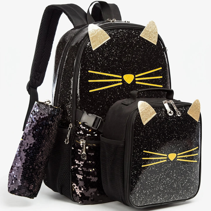 Skolväska i tåligt oxfordmaterial med justerbara remmar. Kattmotiv och glitter. Idealiskt för barn i skolåldern.