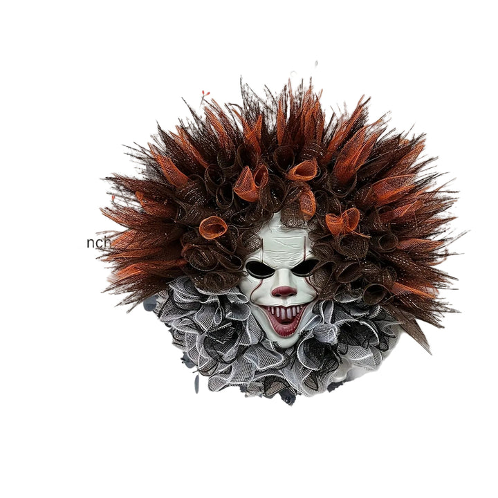 Skrämmande clownkrans för Halloween, perfekt dörrdekoration med läskigt clownansikte och röda ögon.