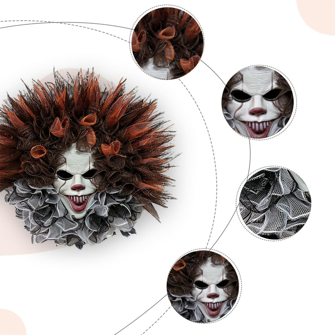 Unik clownkrans, en kuslig halloween dörrdekoration för spökhuset. Skapa en läskig atmosfär med denna festdekoration.