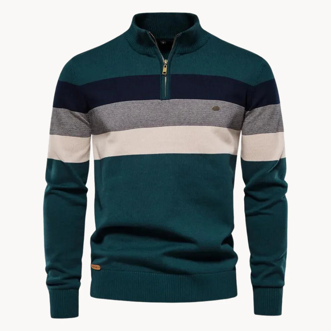 Blå slim fit herrtröja med diskreta ränder och kvartsdragkedja, perfekt för höst- och vintermode.