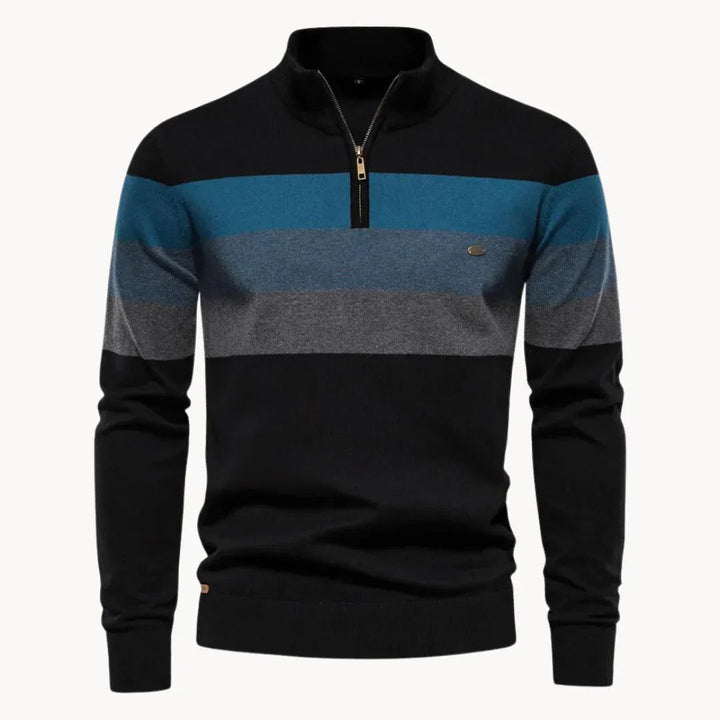 Grön randig slim fit herrtröja med kvartsdragkedja, modern och mångsidig herrkläder. Elegant stil.