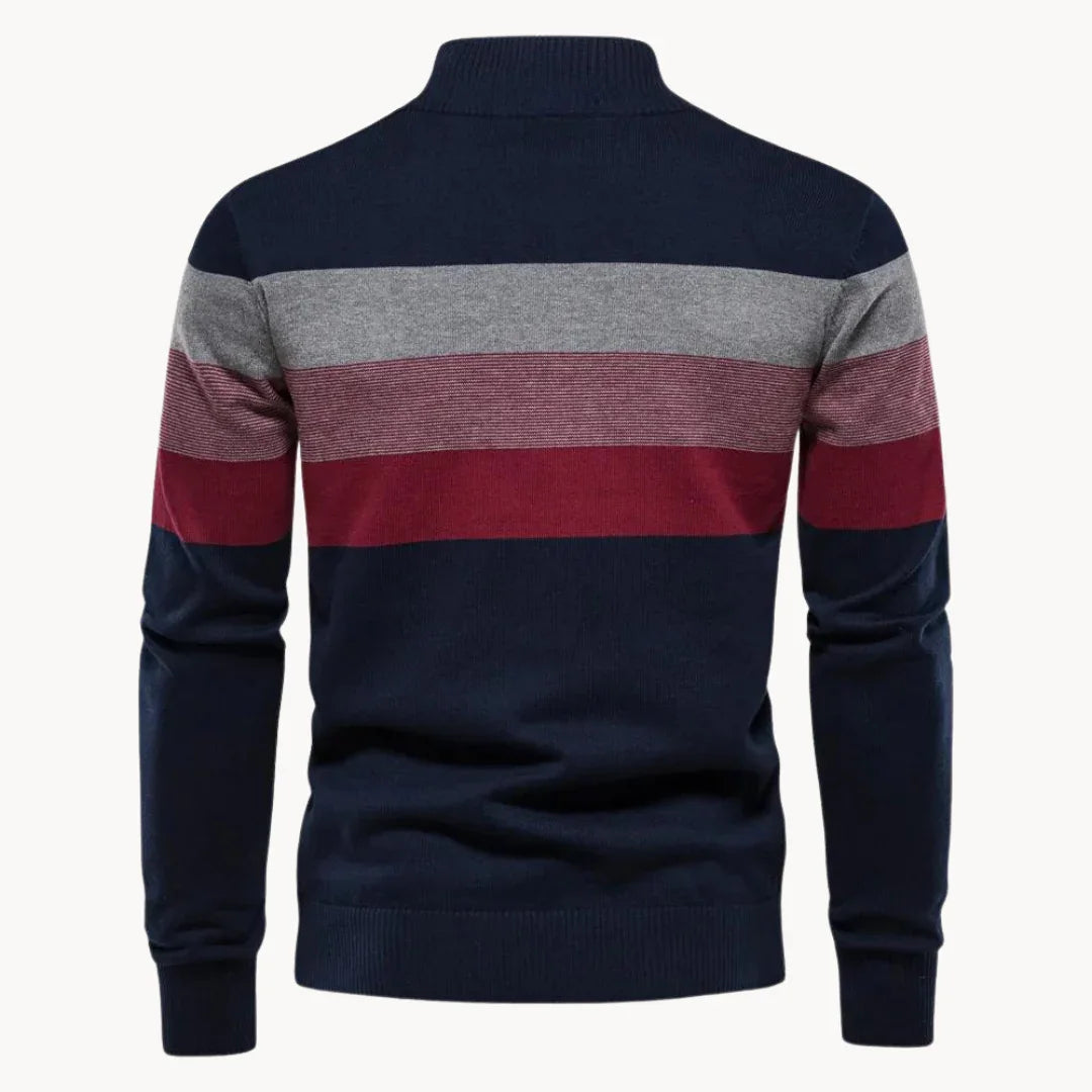 Detaljbild: Kvartsdragkedja på en mjuk, randig slim fit herrtröja, bekvämt vintermode.