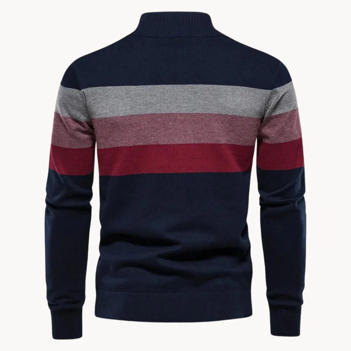 Detaljbild: Kvartsdragkedja på en mjuk, randig slim fit herrtröja, bekvämt vintermode.