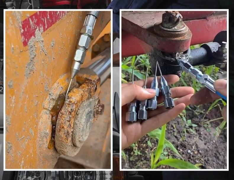 Robust smörjpistol med kolståls nålspets, ett viktigt verkstadstillbehör för finmekanisk smörjning.
