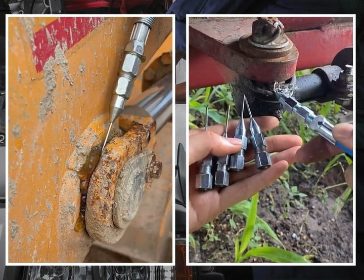 Robust smörjpistol med kolståls nålspets, ett viktigt verkstadstillbehör för finmekanisk smörjning.