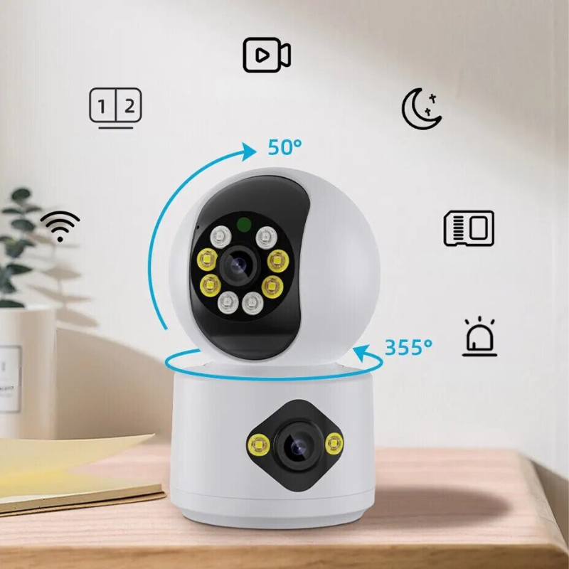 Säkerhetskamera med dubbla linser, WiFi och 4MP, monterad för inom- eller utomhusövervakning.